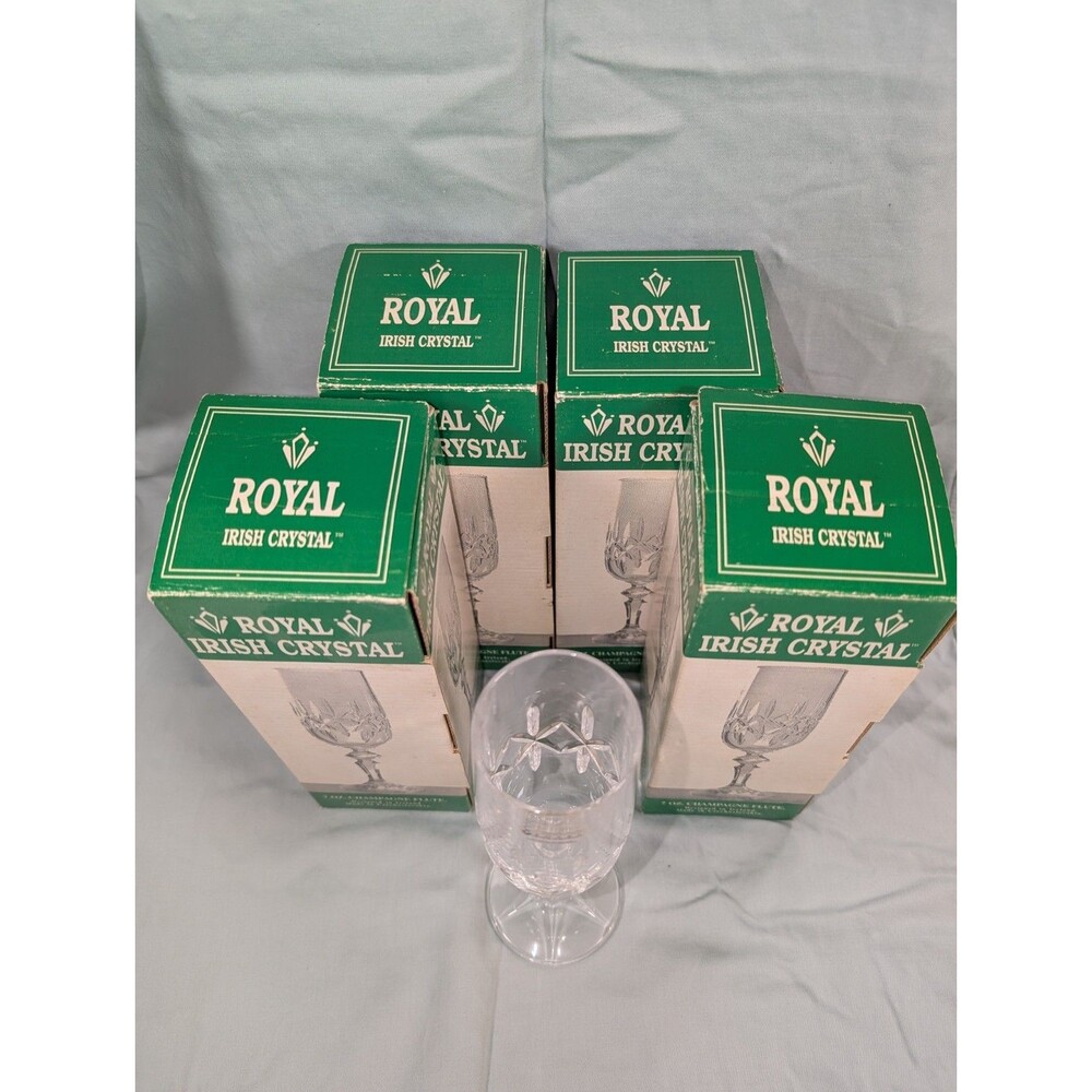 Royal Irish Cross Cut Crystal Champagne Flute Glass Vintage 8 1/2". Lot Of 5 - Picture 3 of 4